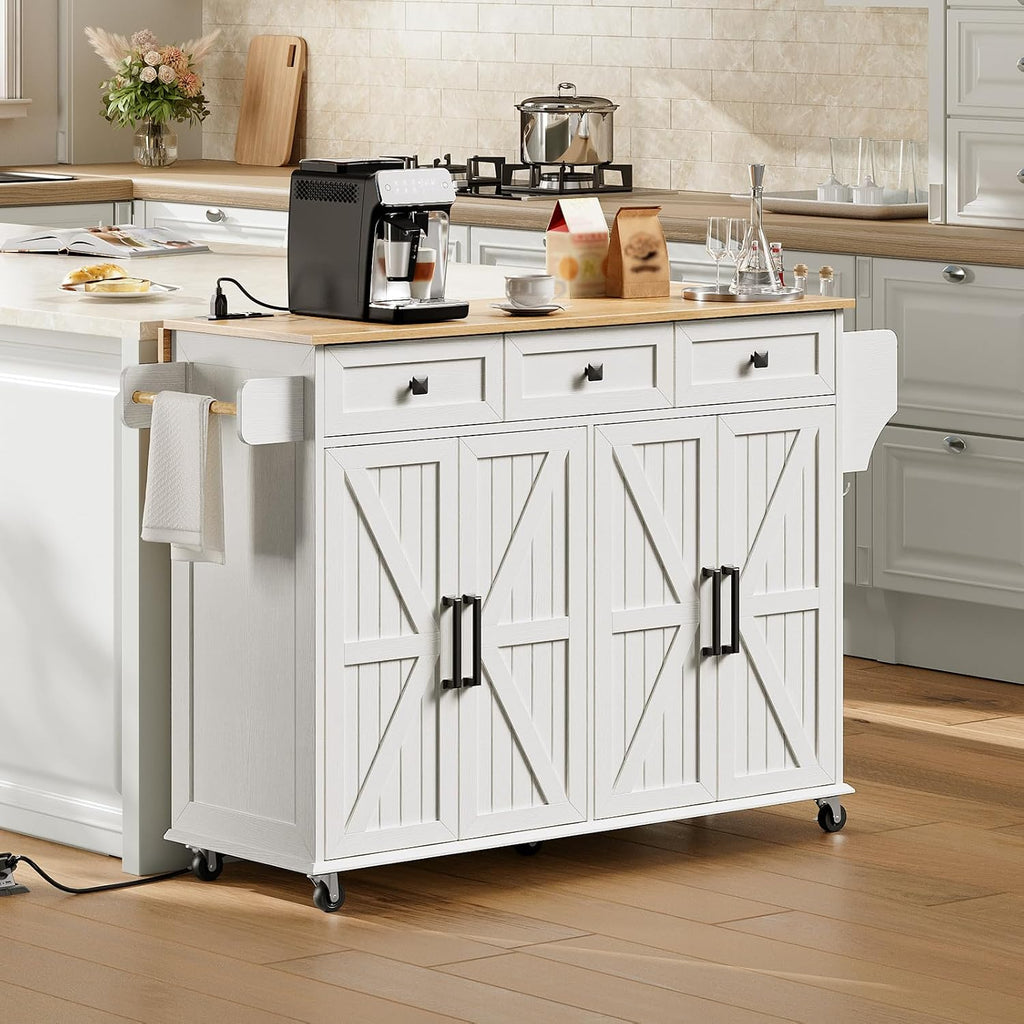 RALGEND Kitchen Island with Drop Leaf & Power Outlet, Rolling Kitchen Island Cart On Wheels, Barn Door Kitchen Island Table with Storage and Tower Rack, Island Table for Kitchen, White and Natural