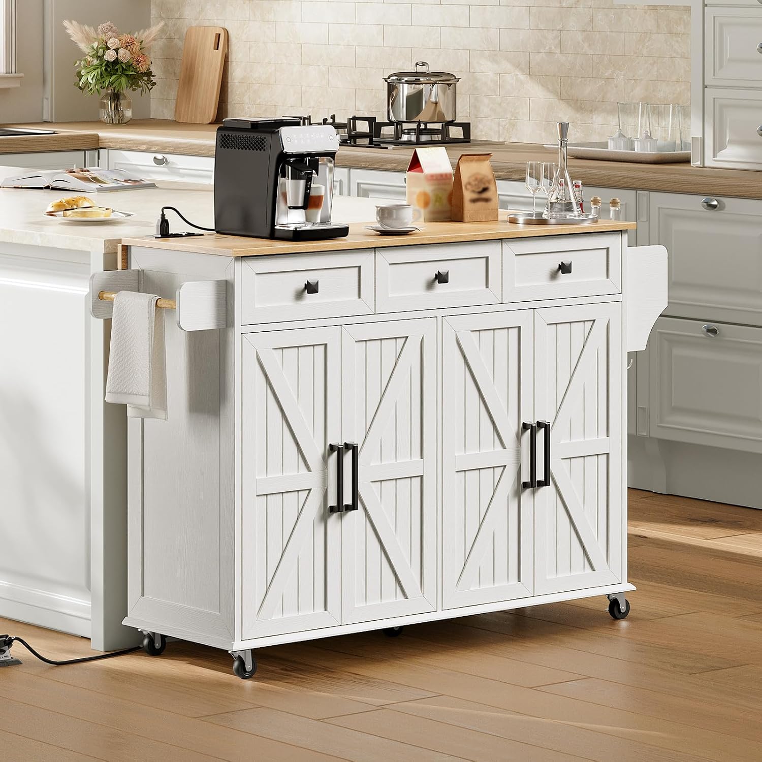 RALGEND Kitchen Island with Drop Leaf & Power Outlet, Rolling Kitchen Island Cart On Wheels, Barn Door Kitchen Island Table with Storage and Tower Rack, Island Table for Kitchen, White and Natural