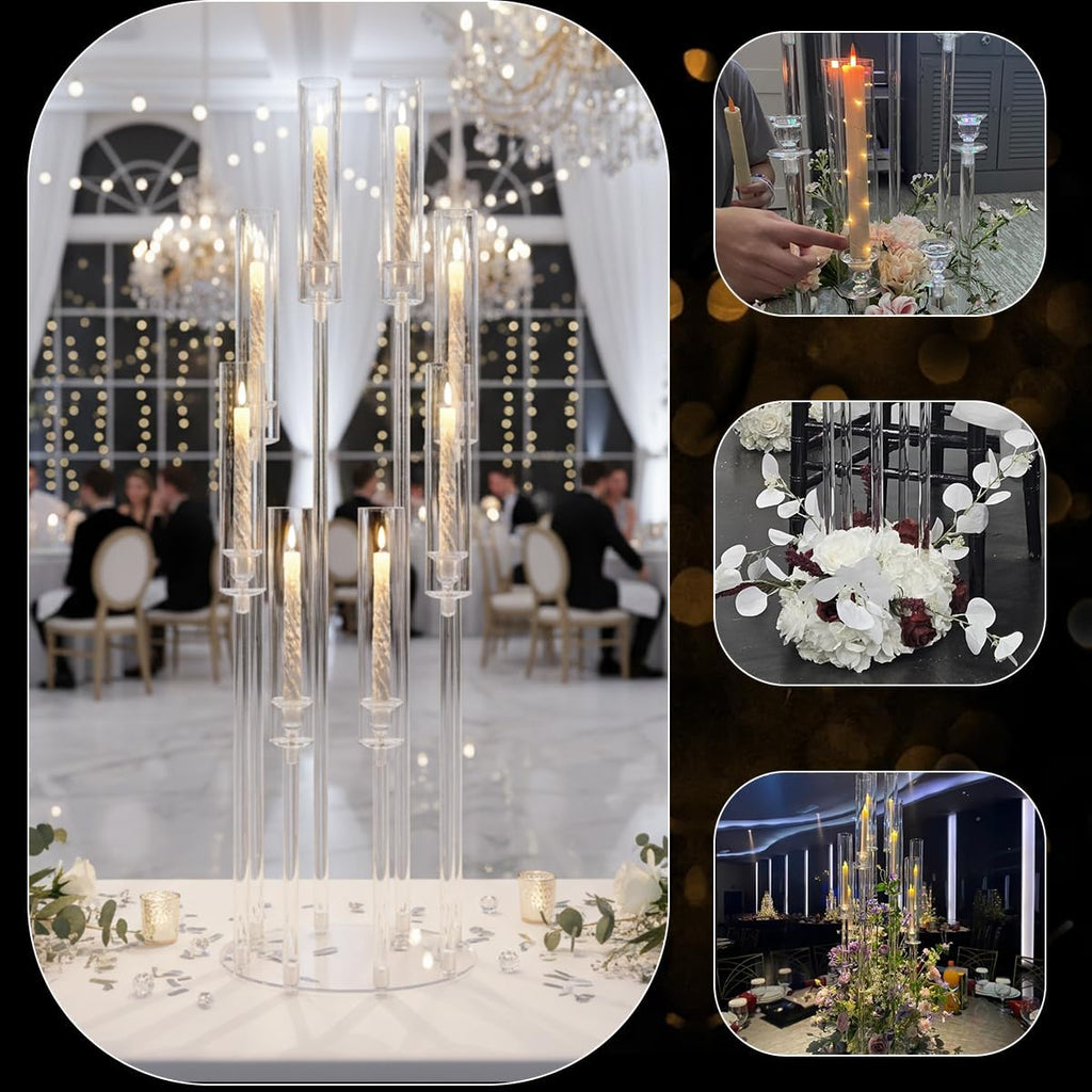 4PCS 8 Arms Clear Candelabra Candle Holder for Wedding Decorations,38.5 inches Tall Arcylic Candlesticks Holder with Shade for Table Dinner Party Valentines Day Fireplace Decoration