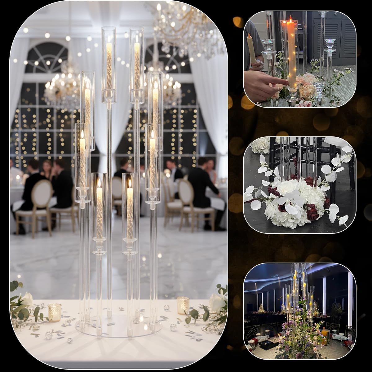4PCS 8 Arms Clear Candelabra Candle Holder for Wedding Decorations,38.5 inches Tall Arcylic Candlesticks Holder with Shade for Table Dinner Party Valentines Day Fireplace Decoration