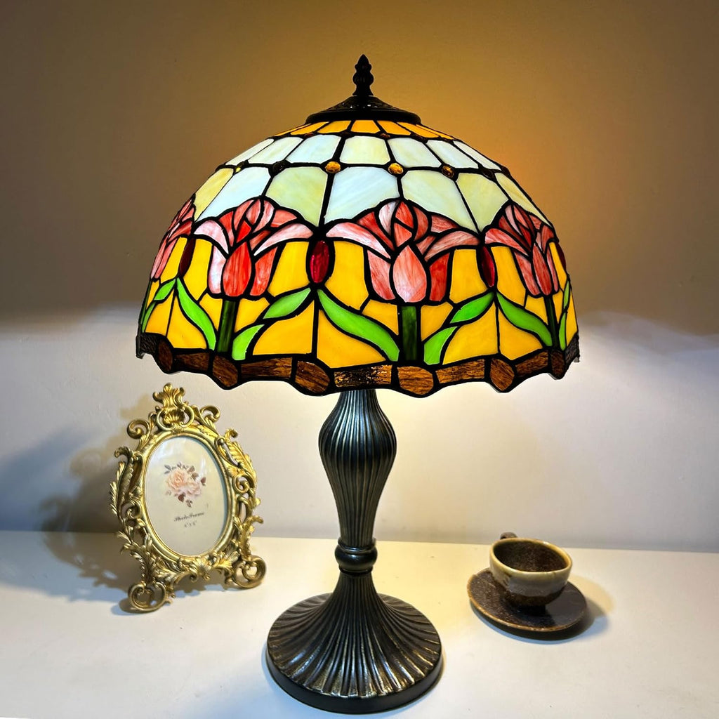 Red Tulip Tiffany Lamp Shade Replacement, Only 16X9 Inch Stained Glass Lampshades, Suitable for Table Lamp Floor Lamp Hanging Pendant lamp Ceiling Light Desk Lamp Bedside Reading Lamp