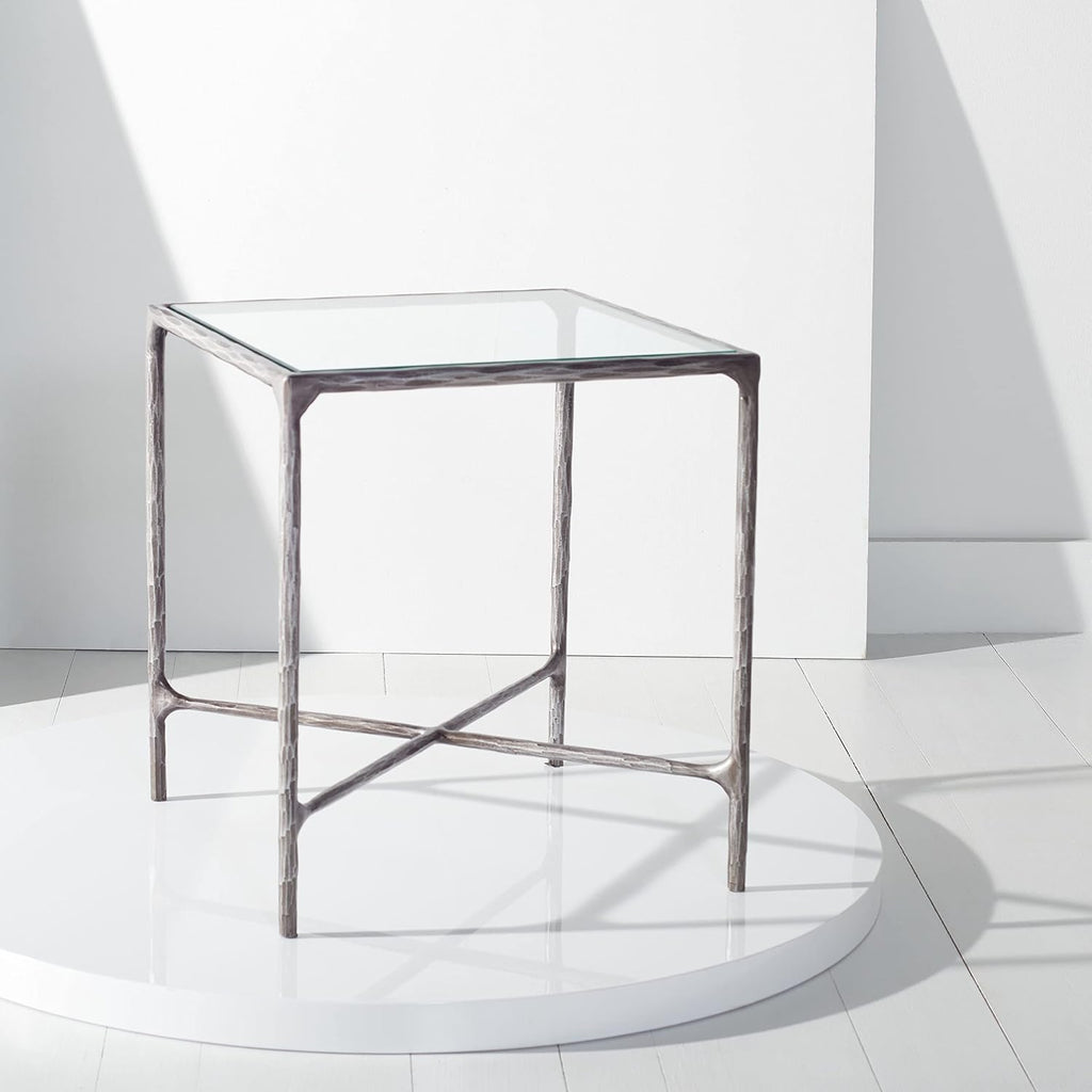 SAFAVIEH Couture Home Collection Jessa Silver Metal/Tempered Glass Top Square End Table (Fully Assembled)