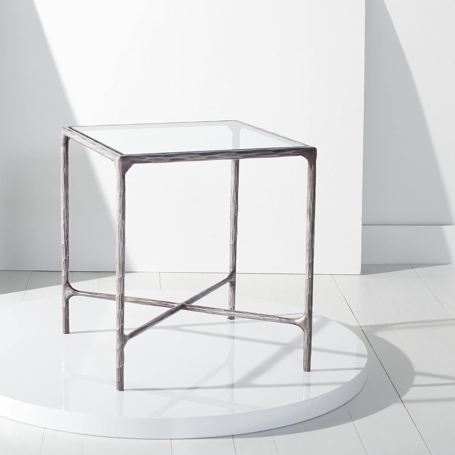 SAFAVIEH Couture Home Collection Jessa Silver Metal/Tempered Glass Top Square End Table (Fully Assembled)