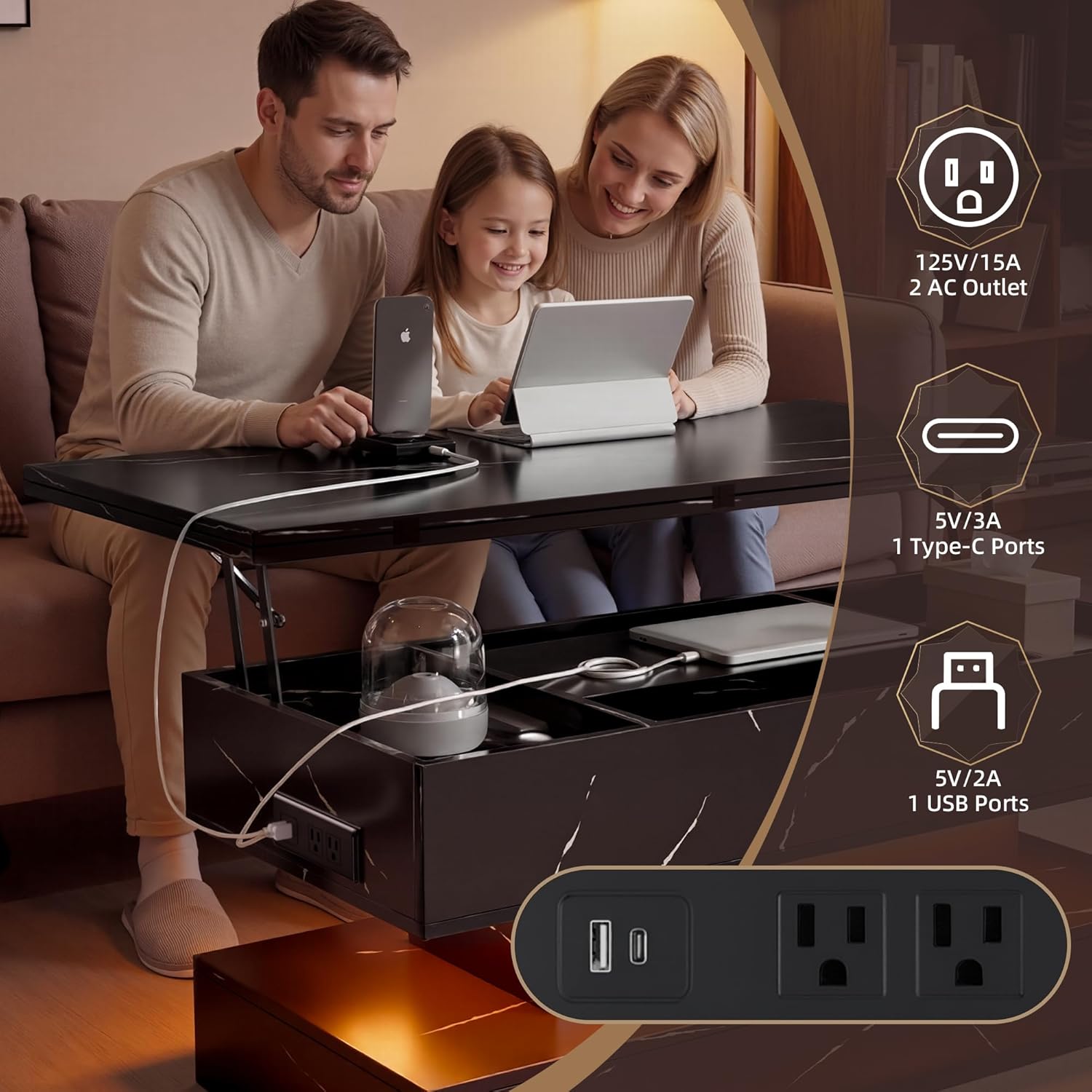 40' Lift Top Coffee Table, 4‑in‑1 Multi-Function Convertible Workstation Table with Storage & Charging Station, Modern Faux Marble Design for Living Room & Small Spaces, Black