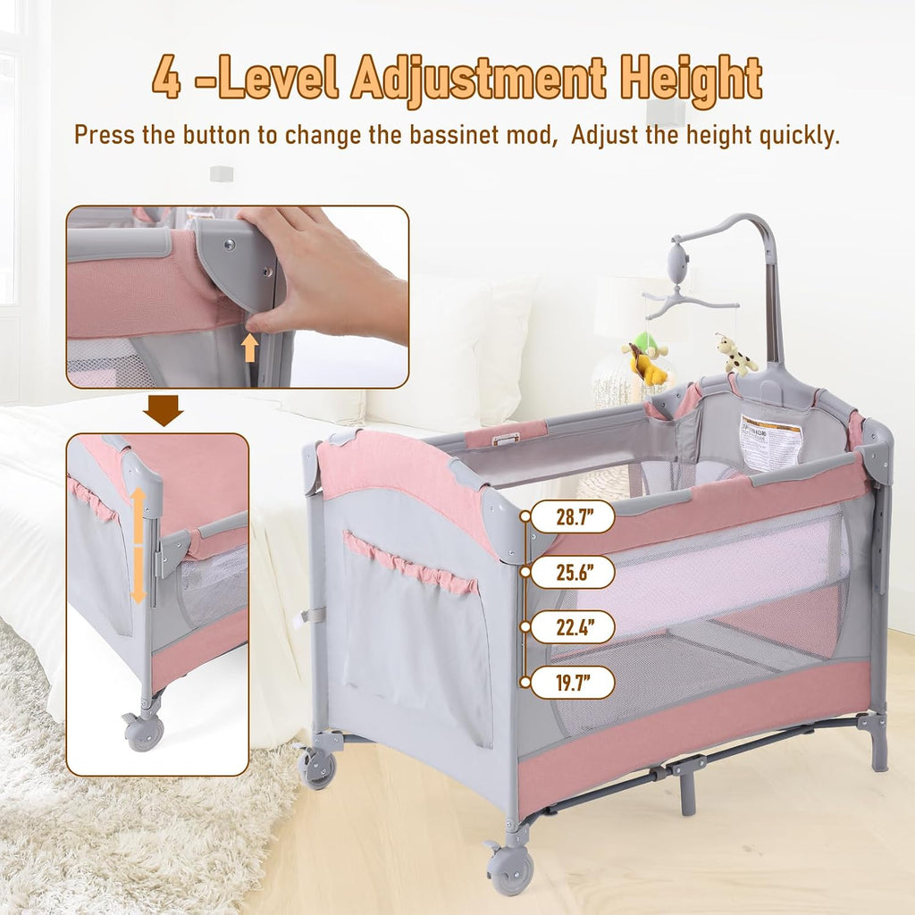 Jaoul 5 in 1 Baby Crib, Bassinet Beside Sleeper, Pack and Play with Bassinet and Changing Table Portable Travel Baby Playpen with Toys & Music Box, Mattress for Girl Boy Infant Newborn Pink