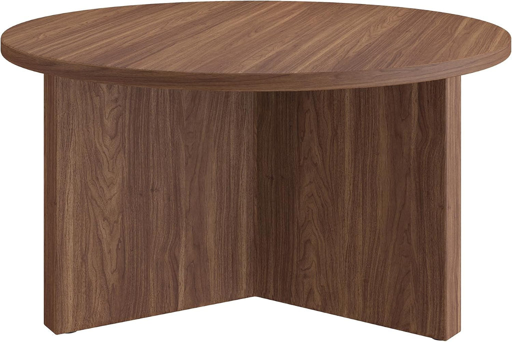 Henn&Hart 32' Round Wood Pedestal Coffee Table for Living Room, Family Room, Office, or Apartment, Medium Walnut