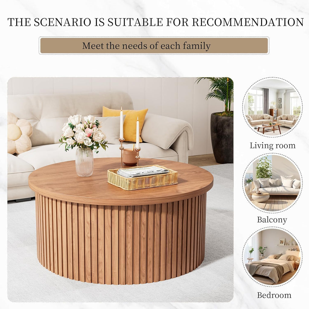 Fsbecl Fluted Lift Top Coffee Table with Storage, 34.6'' Round Coffee Tables for Living Room, Circle Wood Center Table with Hidden Conpartment (Walnut)
