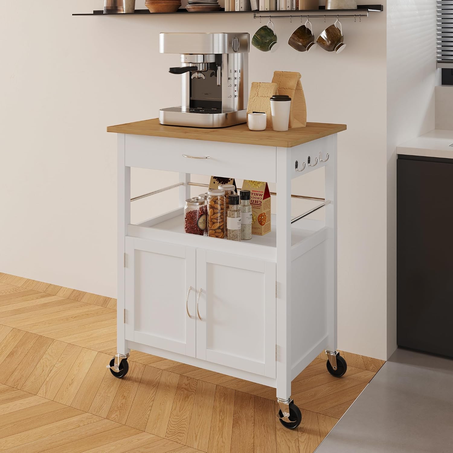 eHemco Kitchen Island Cart on Wheels with Drawer, Storage Cabinet, Shelf and Natural Bamboo Top Butcher Block, White Base | Drawer, Storage Cabinet, Shelf, Butcher Block