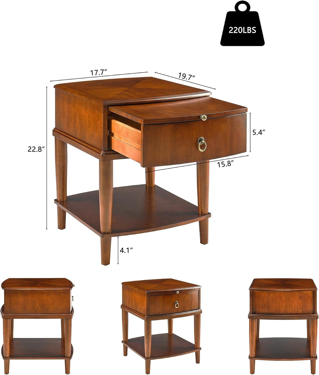 Wood Side End Table with Tray Extension and Storage Drawers, Sofa Side Table with Round Legs,No-Tools Assembly, Telephone Table for Living Room, Office, 17.7'L x 19.7'W x 22.8'H Beeswax CJZ-A1569-MG