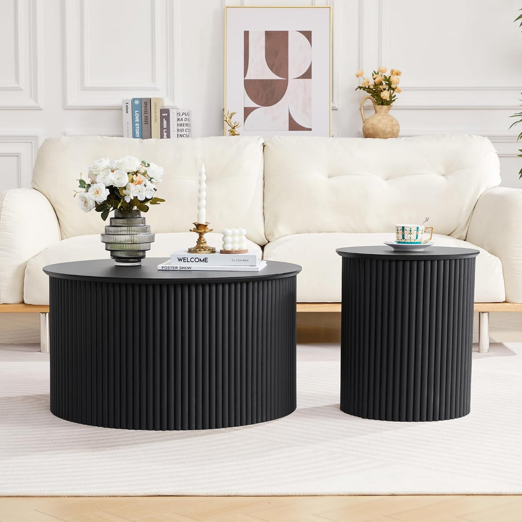 Fluted Round Nesting Coffee Table Set of 2, Mid Century Modern Wood Coffee Table and End Table Set, Minimalist Center Tables Circle Side Table for Living Room, Office(Black