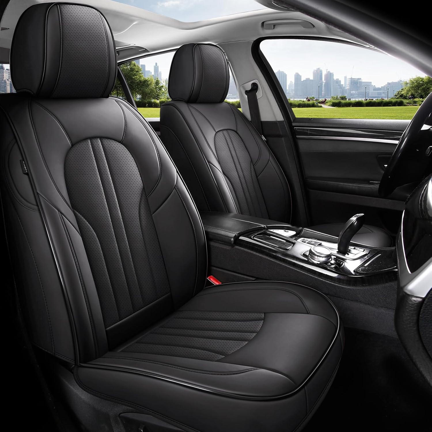MINGBRON Car Seat Cover Full Set, Leather Car Seat Cover, Waterproof Seat Covers, Car Seat Cushion, Nappa Leather Seat Covers Car Seat Protector Universal Fit Most Cars Black