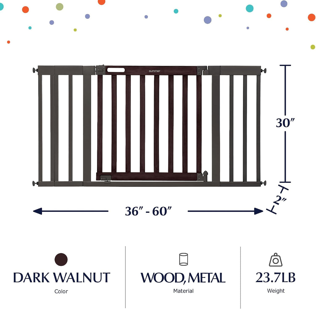 Summer Infant West End Safety Baby Gate, Dark Walnut Stained Wood with Charcoal Metal Frame – 30' Tall, Fits Openings up to 36' to 60' Wide, Baby and Pet Gate for Wide Spaces and Open Floor Plans