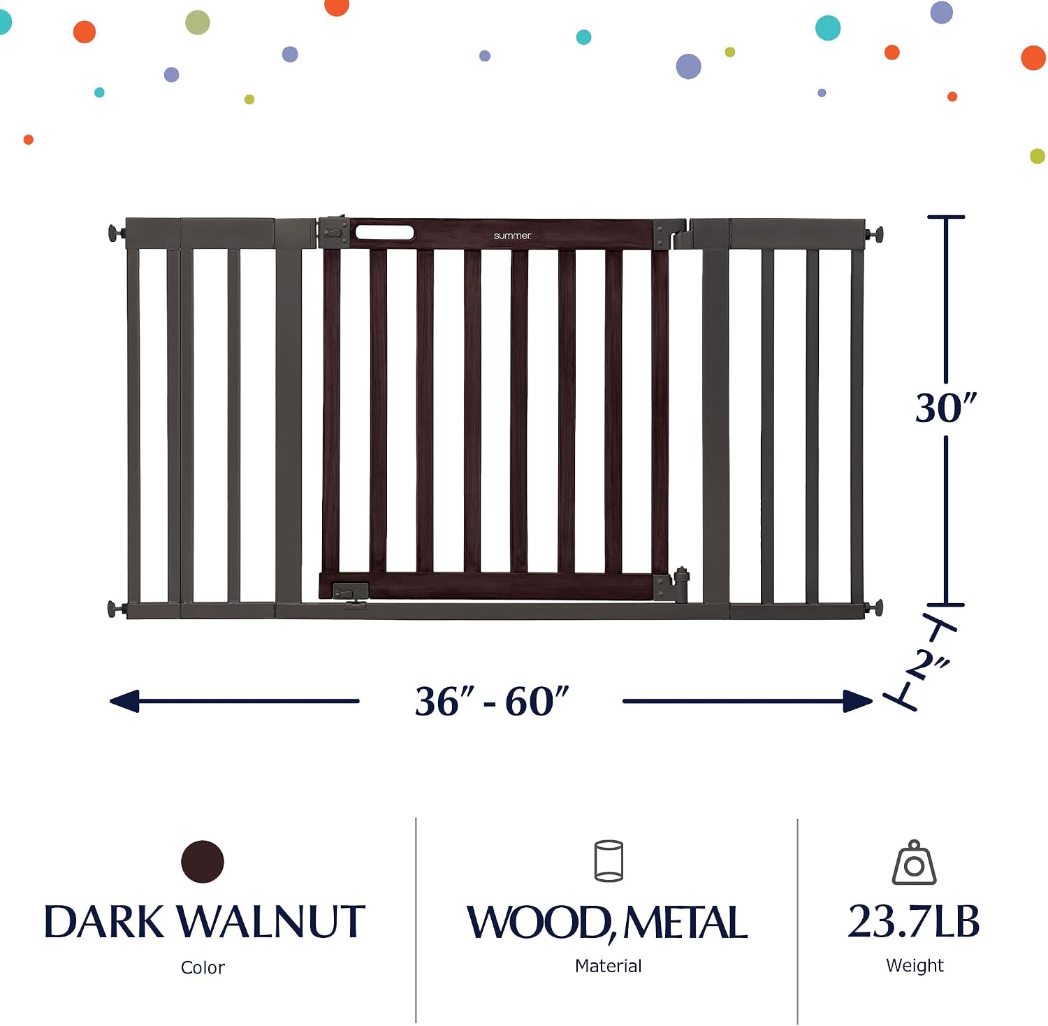 Summer Infant West End Safety Baby Gate, Dark Walnut Stained Wood with Charcoal Metal Frame – 30' Tall, Fits Openings up to 36' to 60' Wide, Baby and Pet Gate for Wide Spaces and Open Floor Plans