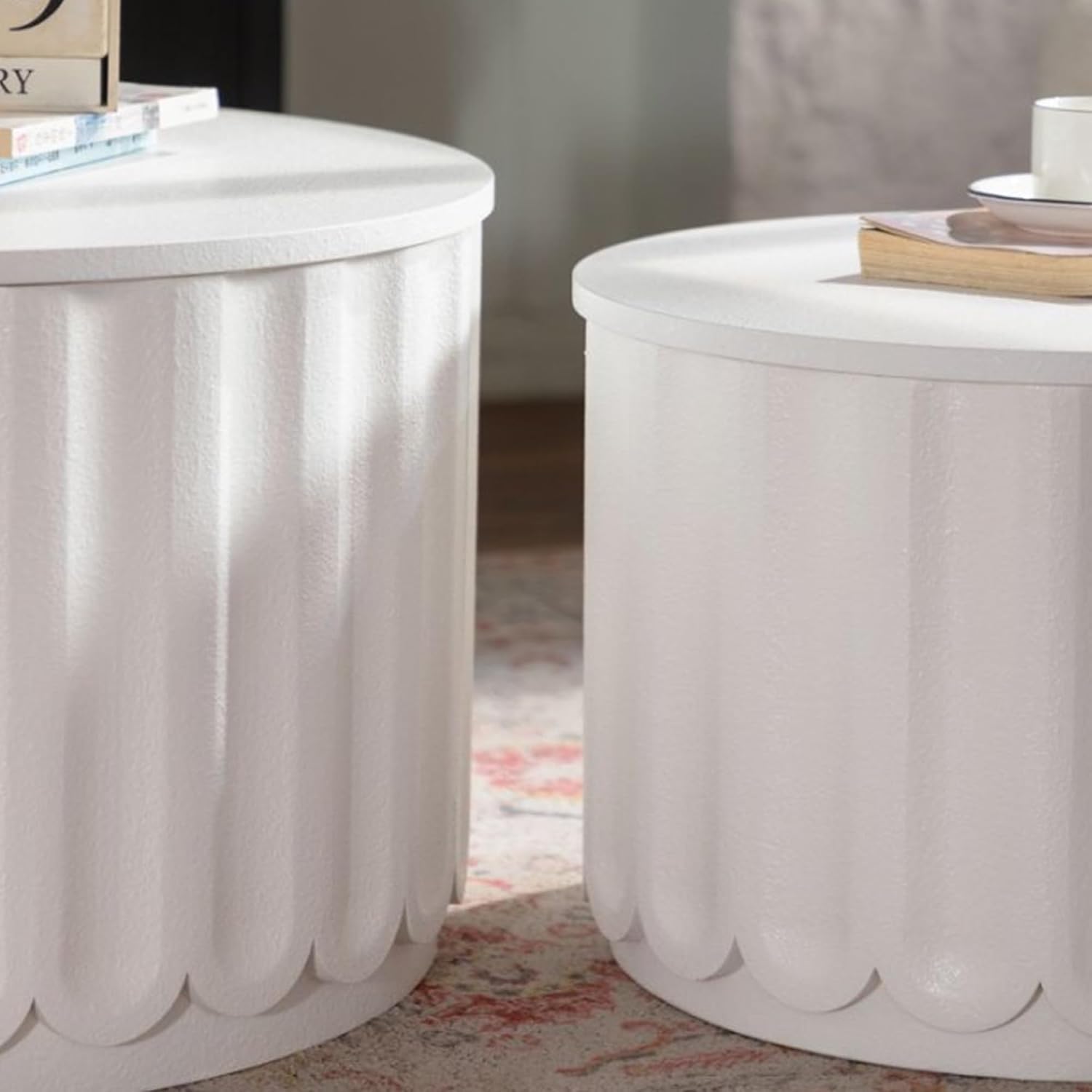 WILLIAMSPACE 46.46' White Round Nesting Coffee Table Set of 2 with Storage & Lift-Off Lid, Modern Circle Drum Center Tables Curved-Edge Shape Tea Table for Living Room, No Assembly (White)