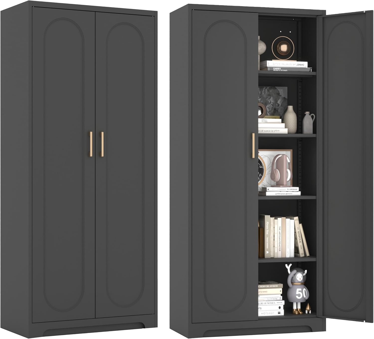 71' Tall Kitchen Pantry Cabinet and 4 Adjustable Shelves, Black Metal Storage Cabinet with Doors, 5-Tier Kitchen Storage Cabinets, Modern Large Cupboard for Home Office, Dining, Living Room