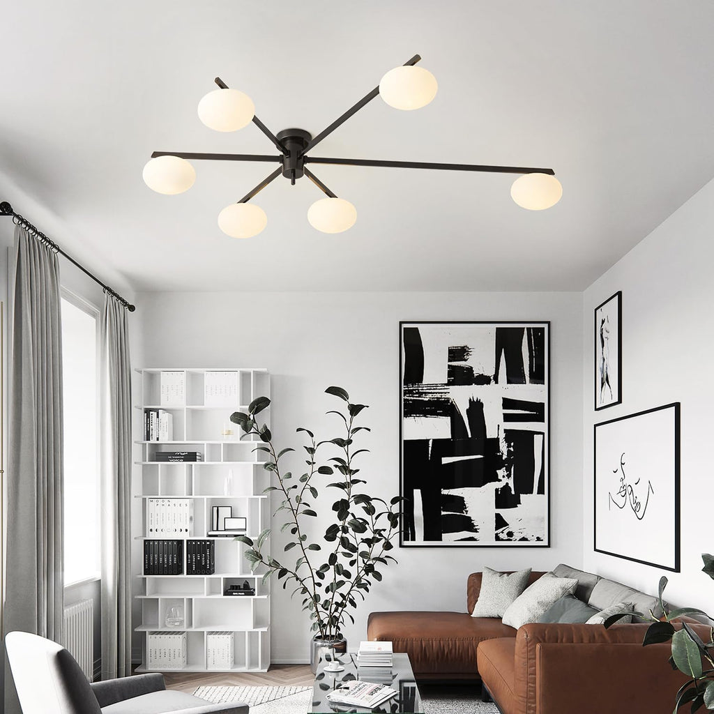 6-Light Mid Century Semi Flush Mount Black Matte Sputnik Chandelier Fixtures with Milk Glass Shade for Foyer MCL01-6 BK