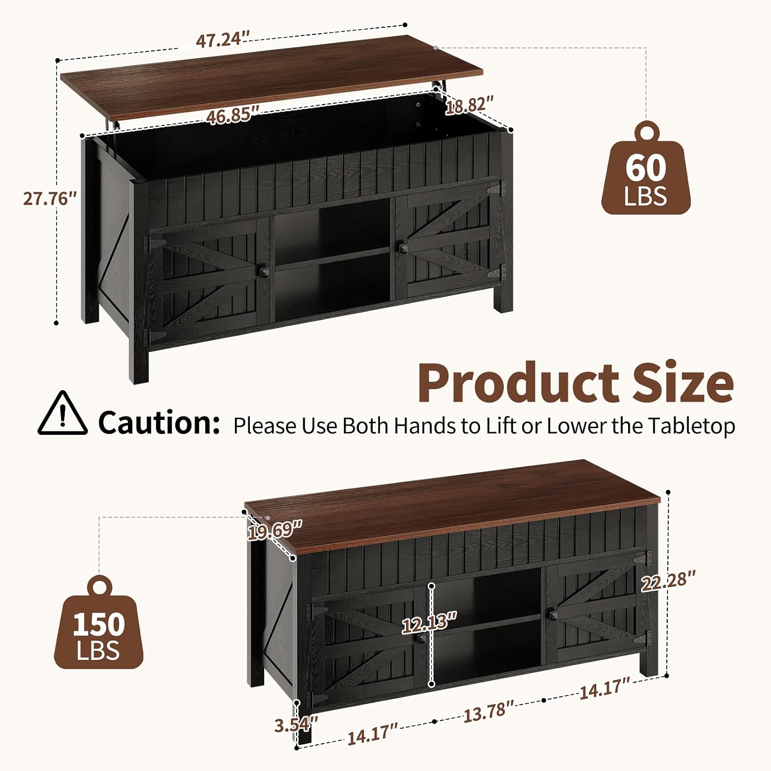 47.3' Lift Top Coffee Table with Storage - Black Coffee Tables for Living Room, Farmhouse Wood Center Table, Large Rectangle Middle Tables with Hidden Compartment & Adjustable Shelf
