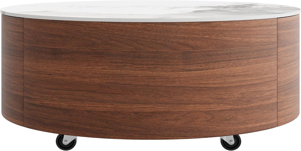 Merax 29.5' Round Coffee Table for Living Room, Movable Accent Table with Casters and 2 Storage Drawers, Marble Pattern Sintered Stone Top, Walnut