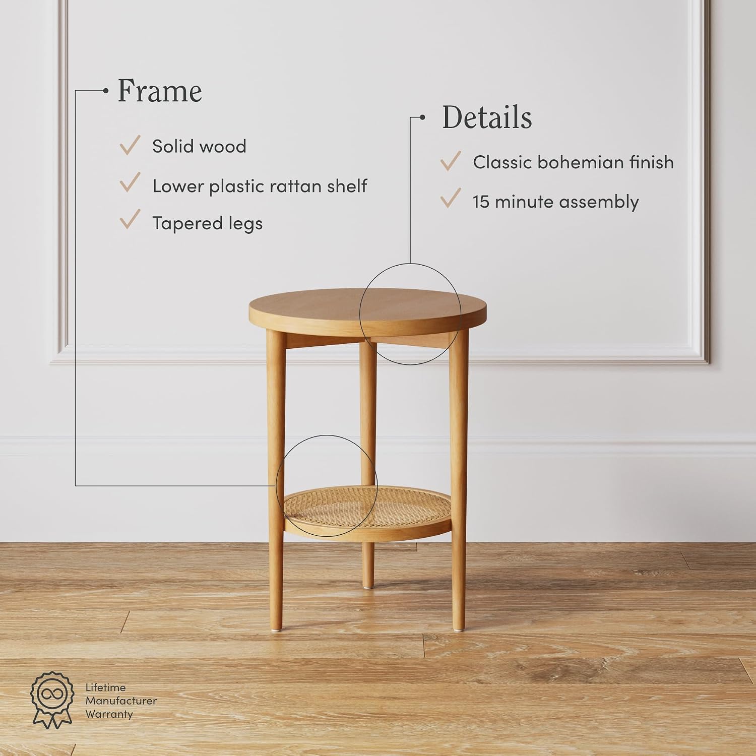 Nathan James Sonia Boho Round Accent End Table, Natural Sofa Side Table in Light Wood with Rattan Storage Shelf for Living Room, Bedroom or Nursery, Light Brown, Set of 2