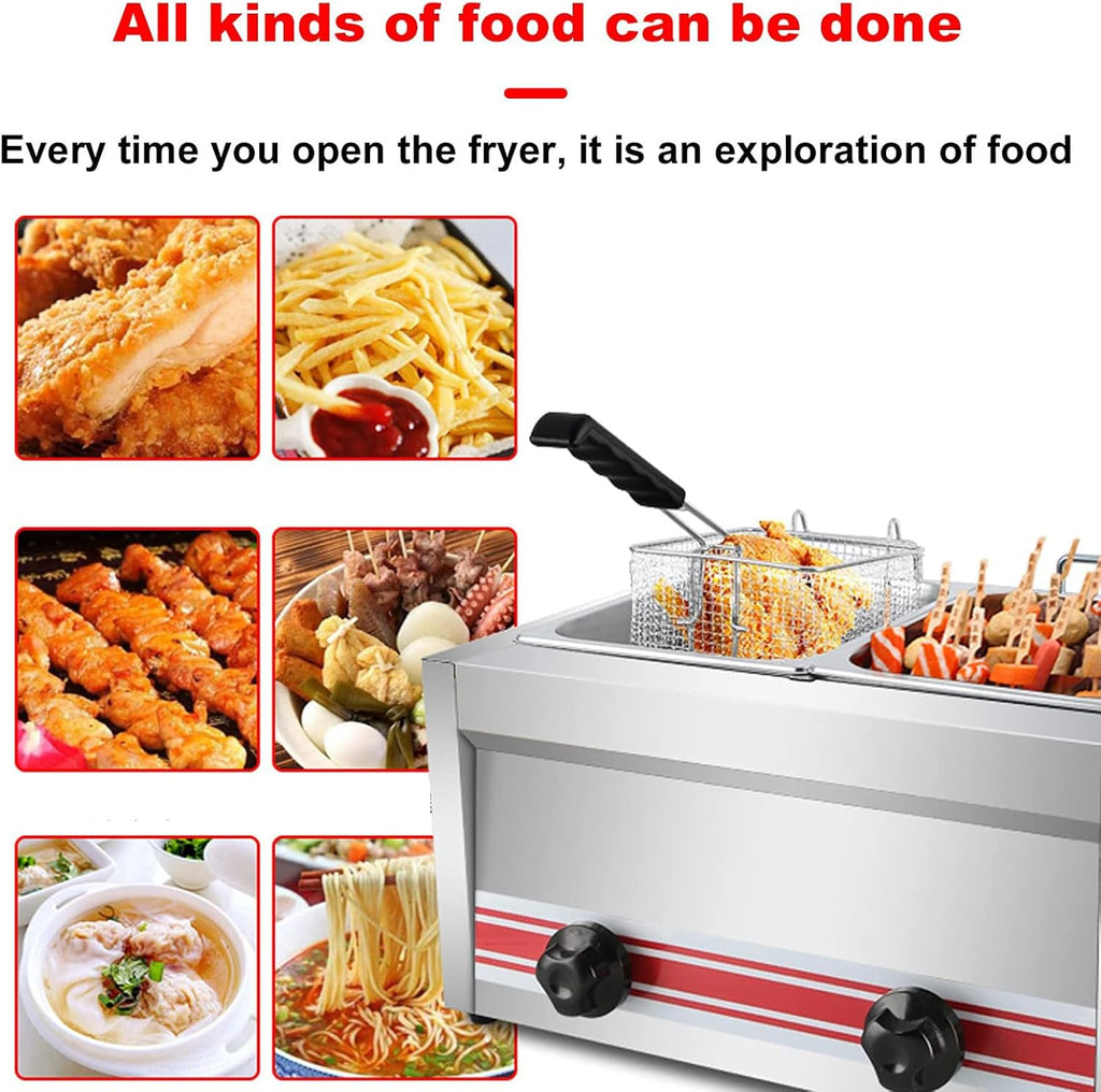 Commercial Stall Gas Fryer Three Cylinder (10L+10L+10L) Chips Frying Machine with Squeeze Condiment Bottles & Removable Baskets for Outdoor Household Appliances Cooking Dining