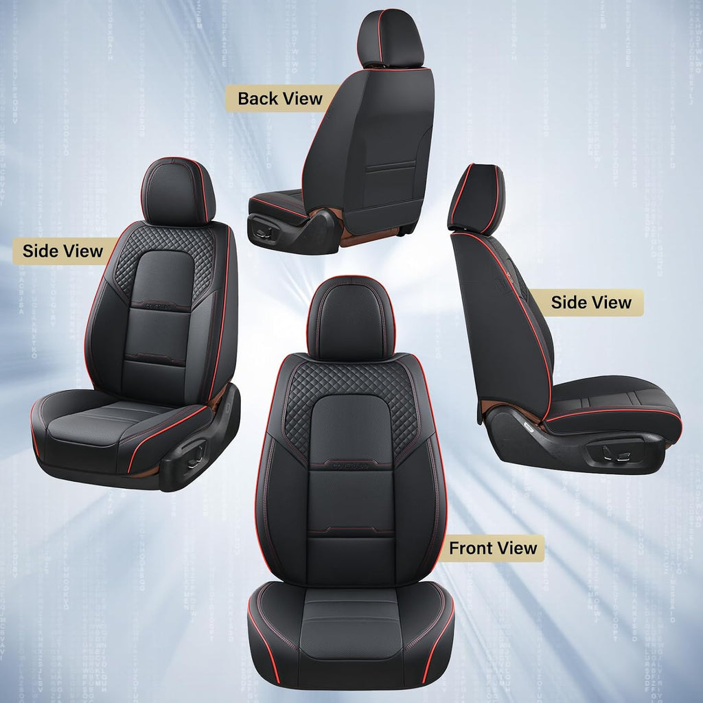Coverado Car Seat Covers Full Set, 5 Piece Car Seat Protector with Removable Headrest, Nappa Leather Breathable Front Rear Seat Cushion Side All Wrapped Universal Fit Truck Most Cars Black & Red