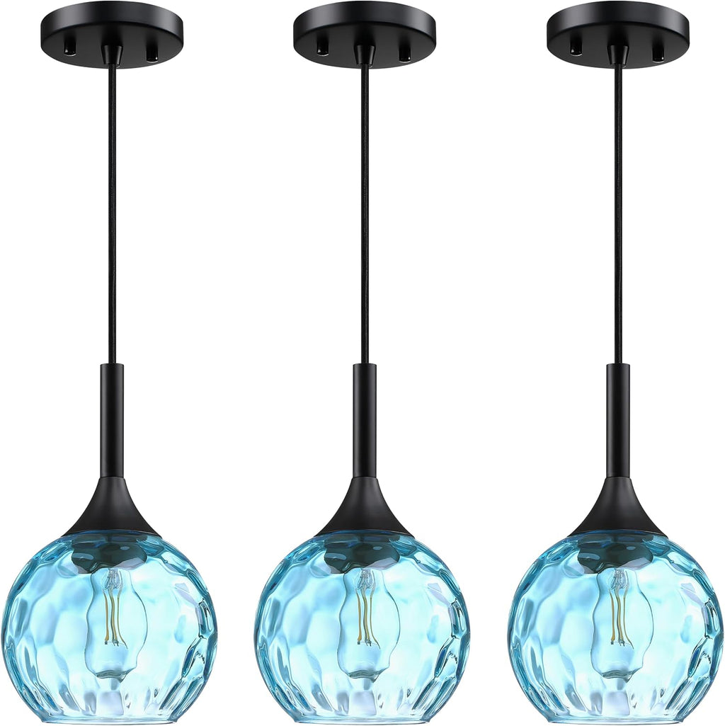6.3' Blue Texture Glass Rod Pendant Light 3 Pack Pendant Ceiling Light Fixture Black Finish Modern Farmhouse Dinning Over Sink Adjustable Height Cord