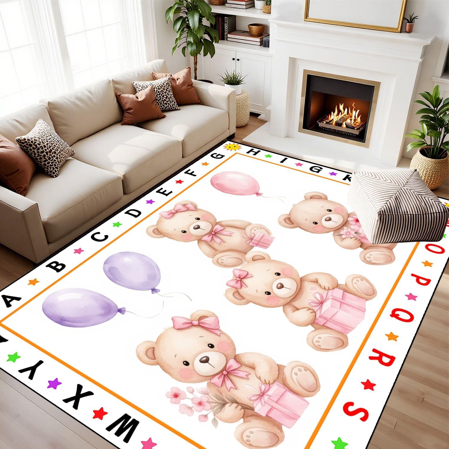 10x14 Kids Learning Rug Washable Area Rugs Set Teddy Bears Pink Balloon Party Cute Baby Teddy Bear Alphabet ABC Learning Carpet Soft Rubber Backed Non-Slip Carpets for Classroom Preschool Nursery