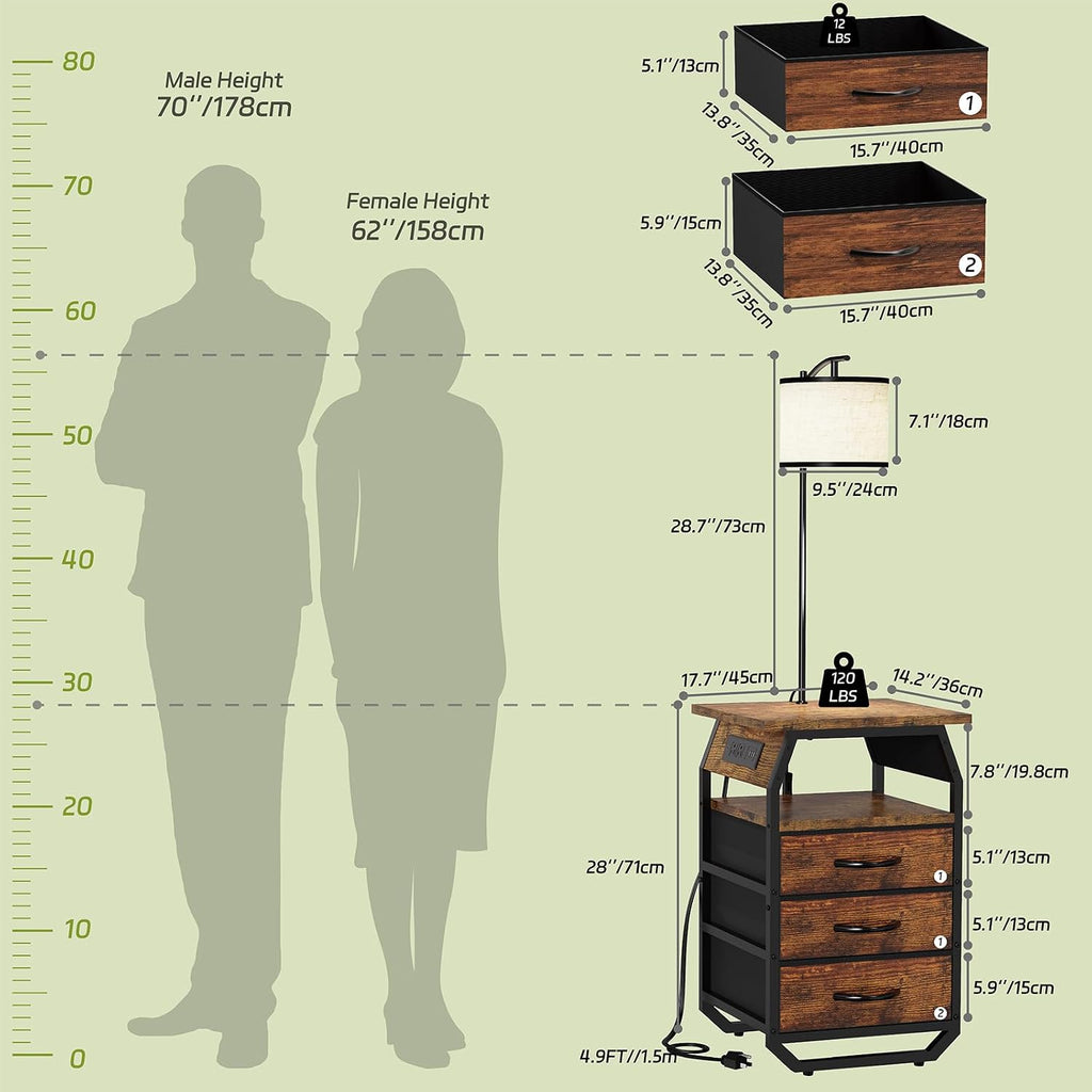 runjuly Floor Lamp with Table Set of 2, End Tables with Lamps Attached 3-Color Temperature Bulb, Side Table with Lamp with 3 Drawers & Charging, Lamps Tables Combo for Bedroom, Dorm - Rustic Brown