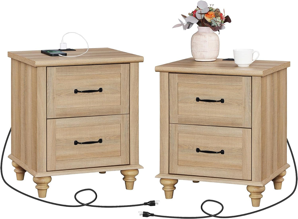 WAMPAT Night Stands for Bedrooms Set of 2 End Tables with Charging Station, 2 Drawer Nightstand Wooden Bedside Table, Farmhouse Side Table for Living Room, Oak