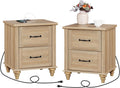 WAMPAT Night Stands for Bedrooms Set of 2 End Tables with Charging Station, 2 Drawer Nightstand Wooden Bedside Table, Farmhouse Side Table for Living Room, Oak