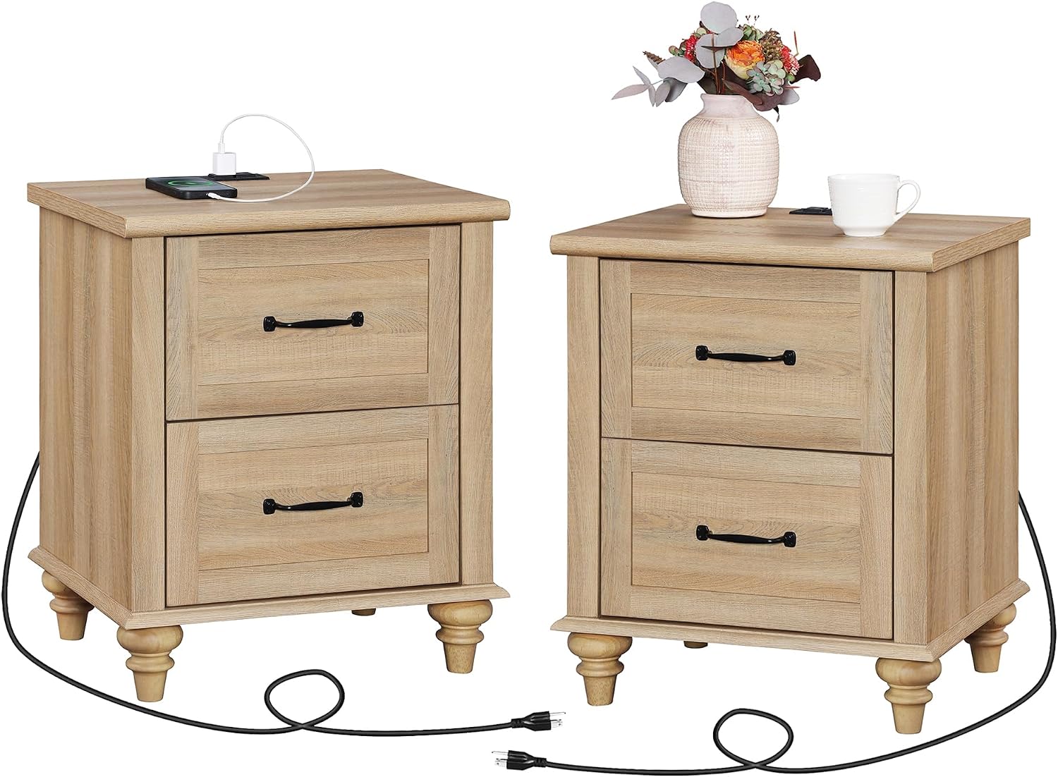 WAMPAT Night Stands for Bedrooms Set of 2 End Tables with Charging Station, 2 Drawer Nightstand Wooden Bedside Table, Farmhouse Side Table for Living Room, Oak