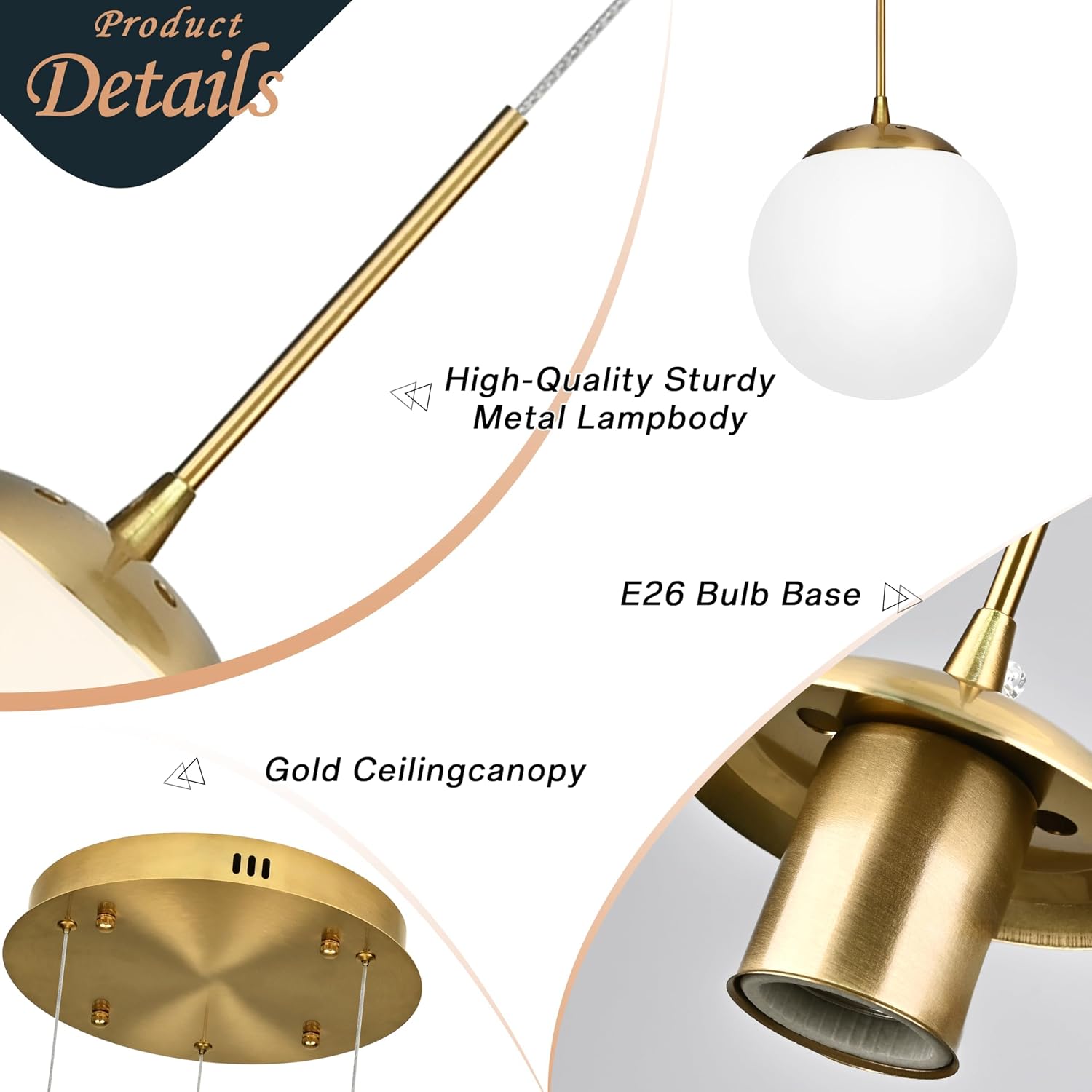 KoKo&Yukina 3 Light Globe Glass Pendant Light & 6 Inch Milk White Glass Globes Shade Frosted Replacement Glass Shades - 2.67' Fitter