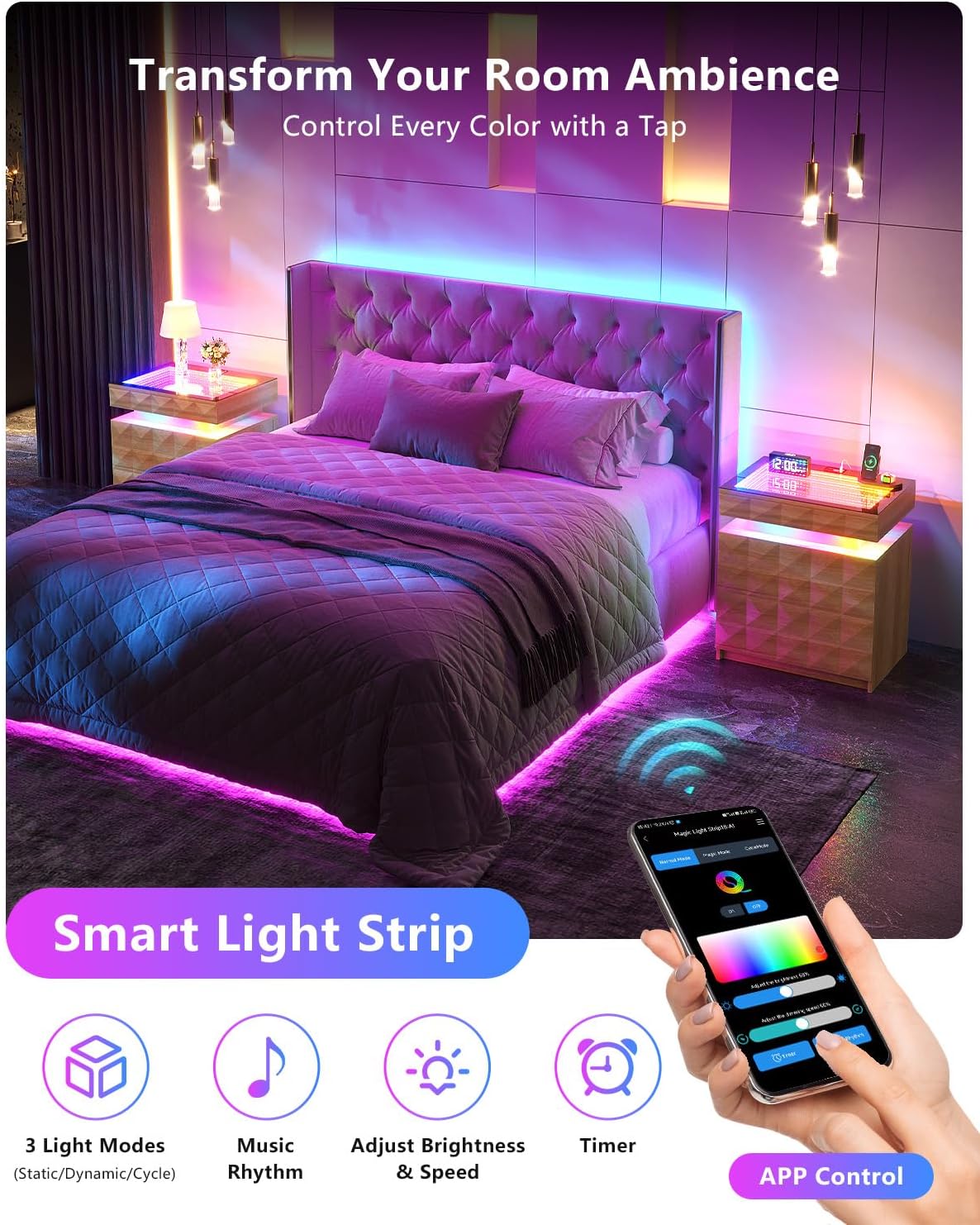 Wood Night Stand with Charger Station & RGB Lights, LED Bedside Table with Tempered Glass, Sliding Top, 3 Drawers and Hidden Storage, End Side Table for Bedroom Livingroom