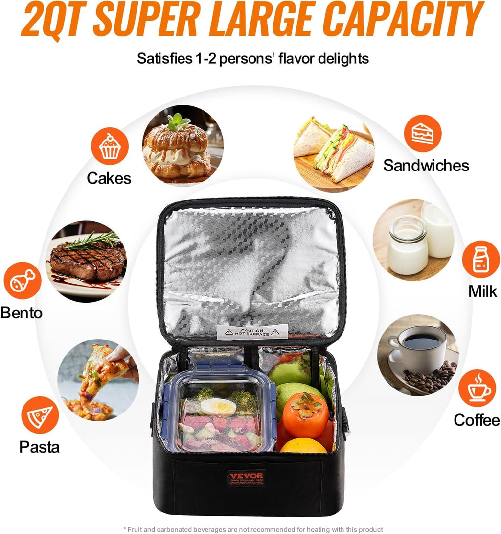 VEVOR 3-in-1 Portable Oven, 12V/24V/110-120V Portable Food Warmer, 80W (Max 100W) Portable Mini Personal Microwave, 2QT Electric Heated Lunch Box for Car, Truck, Travel, Office, Home (Black)