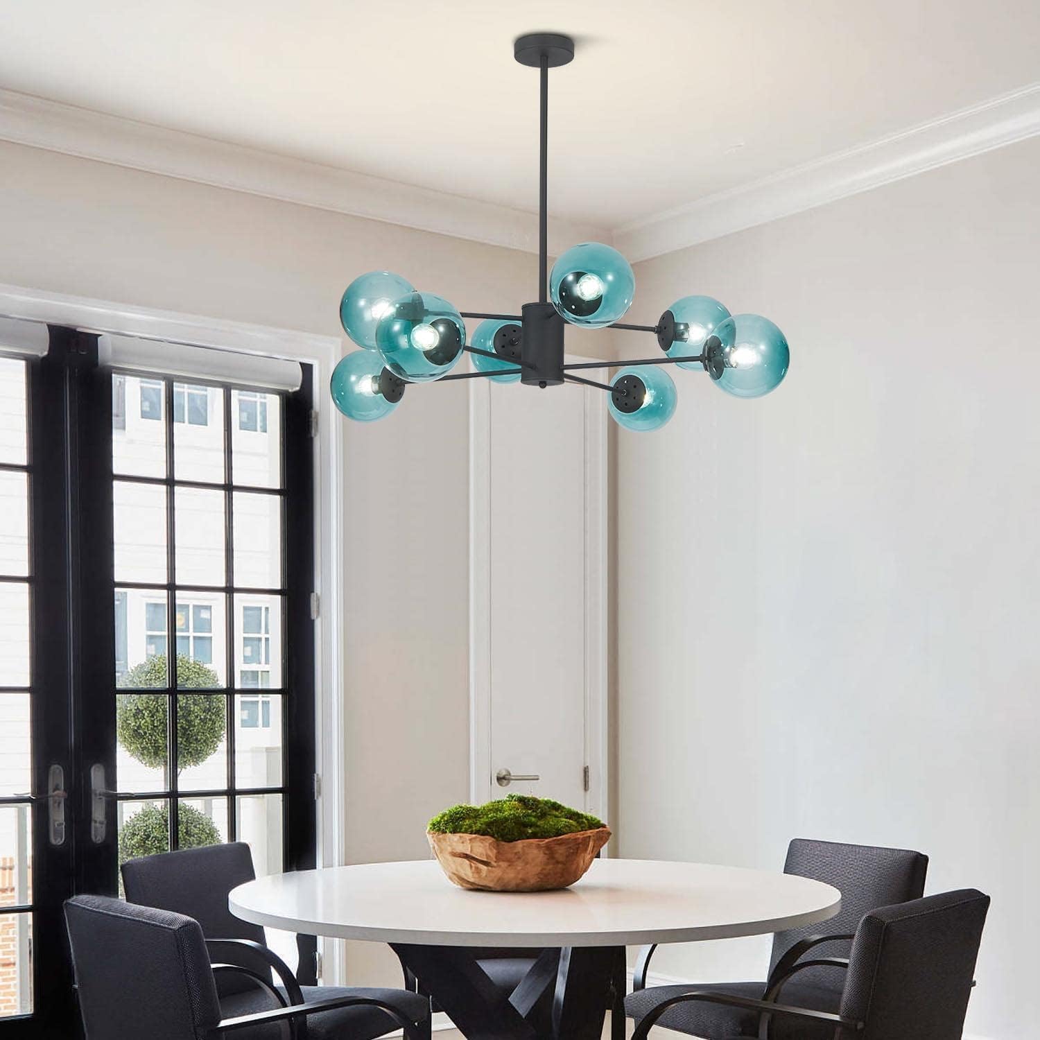 Glass Globe Chandelier Mid Century Modern Pendant Lights Black Ceiling Hanging Light Fixture with Blue Glass Shade Sputnik Chandeliers for Kitchen Island Living Dining Bedroom (Blue)
