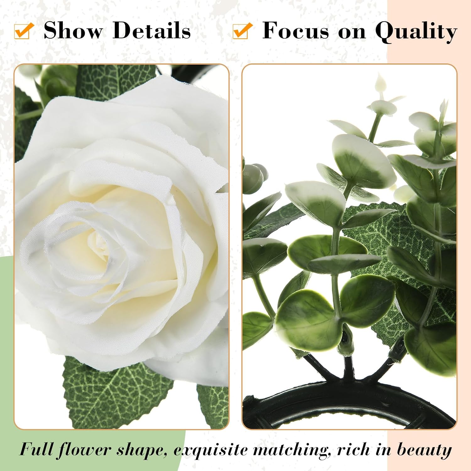 Yunlly 32 Pcs Rose Candle Rings with Flameless Candles Sets, Artificial Flower Eucalyptus Wedding Centerpiece 3 Inch Pillar Candleholders Wreaths for Wedding Party Mother's Day (White)