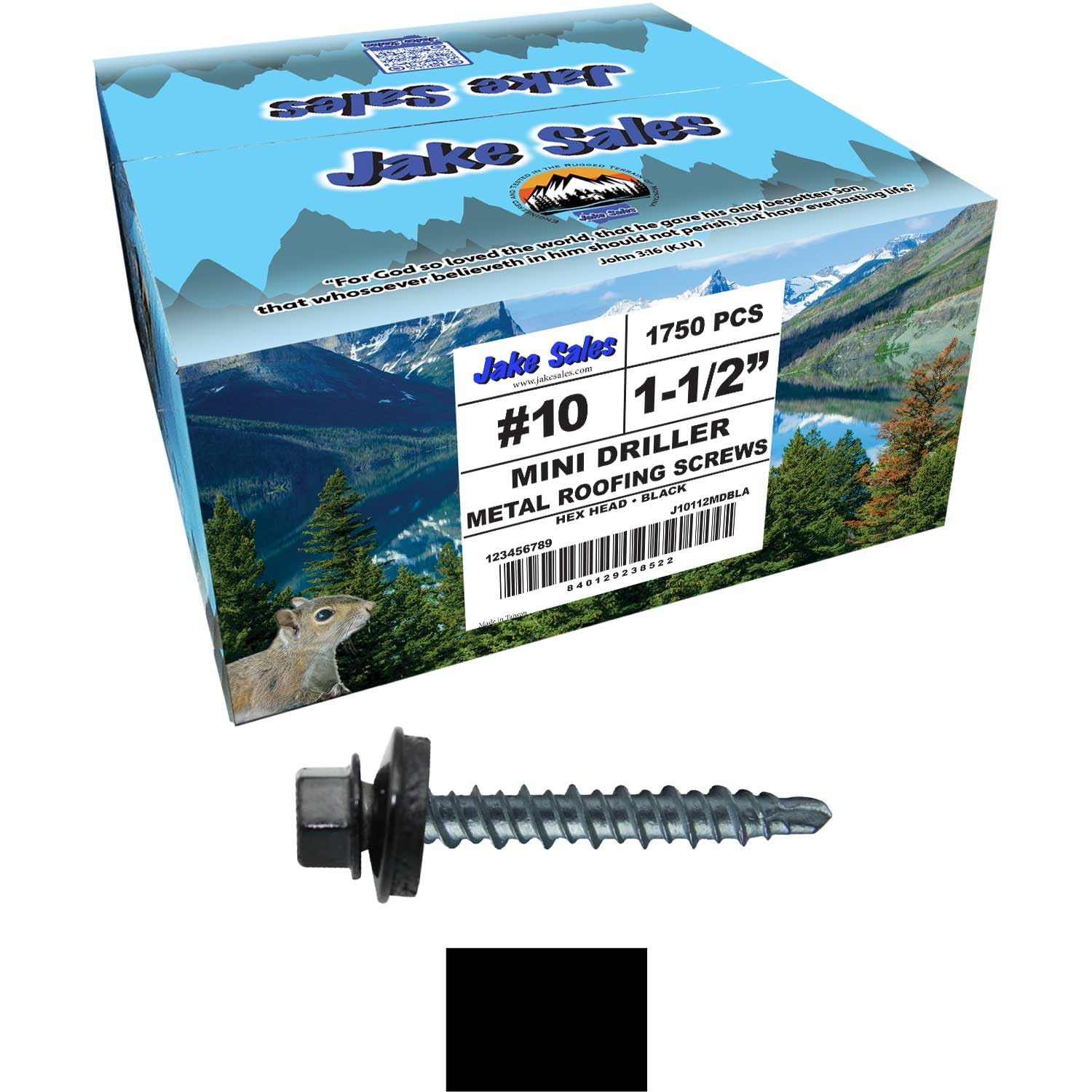 10 x 1-1/2' Black Galvanized Mini Driller Sheet Metal Roofing Screws - Hex Washer Head - Self-Starting/Tapping - EPDM Washer. 10 X 250 Bags - 2,500 Screws