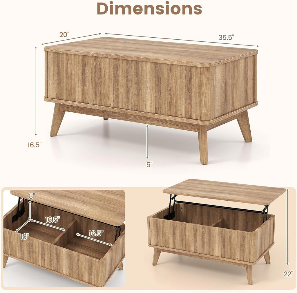 Giantex Lift Top Coffee Table with Storage, 35.5' Mid Century Modern Center Table with Solid Wood Leg & Hidden Compartment, Minimalist Fluted Living Room Table for Home Office, Oak