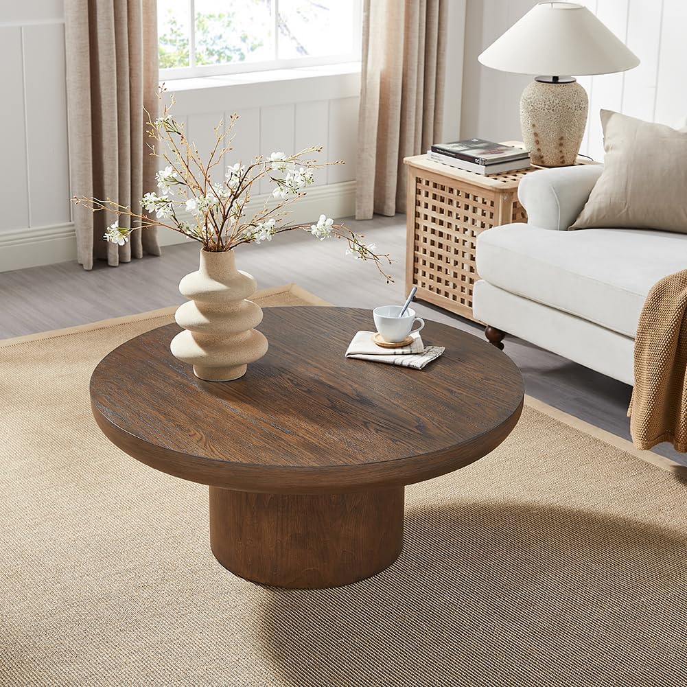 Round Wood Coffee Table for Living Room Modern Circle Coffee Table Pedestal Center Table for Apartment, Easy Assembly Brown