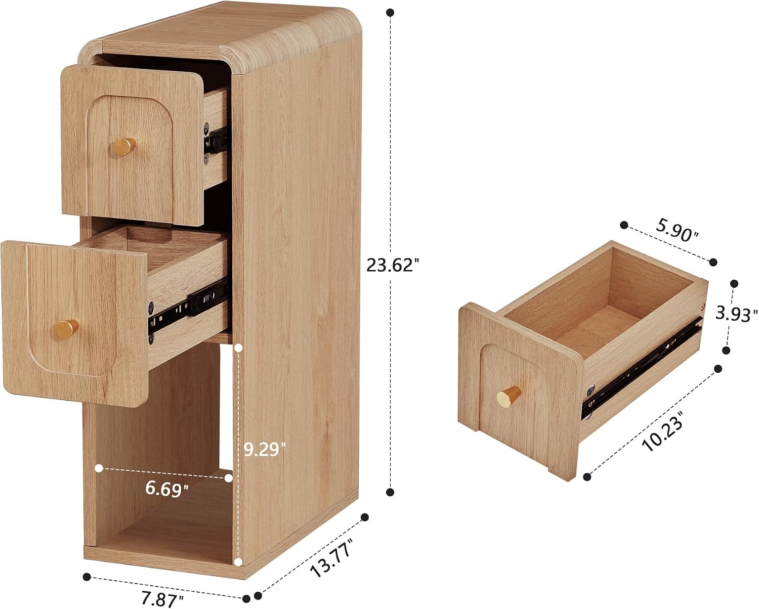 Small Nightstand Set of 2, Wooden Narrow Nightstands with 2 Drawers, Vintage Side End Table for Small Spaces, Skinny Night Stand, Bedside Table for Bedroom, Living Room (Natural-2PCS)