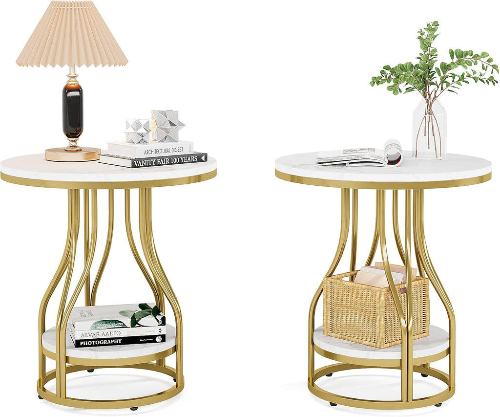 Tribesigns Round Side End Table 2-Tier End Tables Modern Bedside Table Small Chairside Tables with Storage for Couch Side, Nightstand with Metal Frame for Living Room (2 pcs, White+Gold)