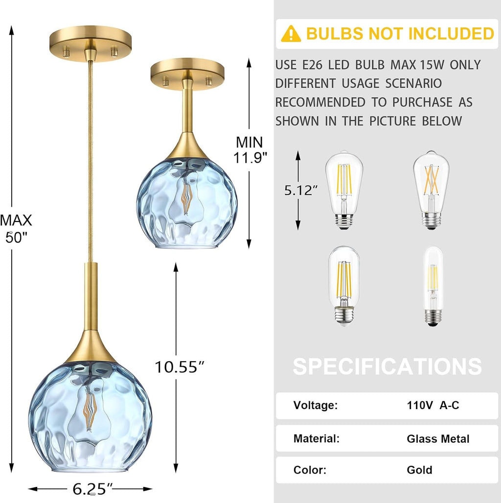 6.3' Texture Blue Glass Rod Pendant Light 3 Pack Pendant Ceiling Light Fixture Gold Finish Modern Farmhouse Dinning Over Sink Adjustable Height Rod