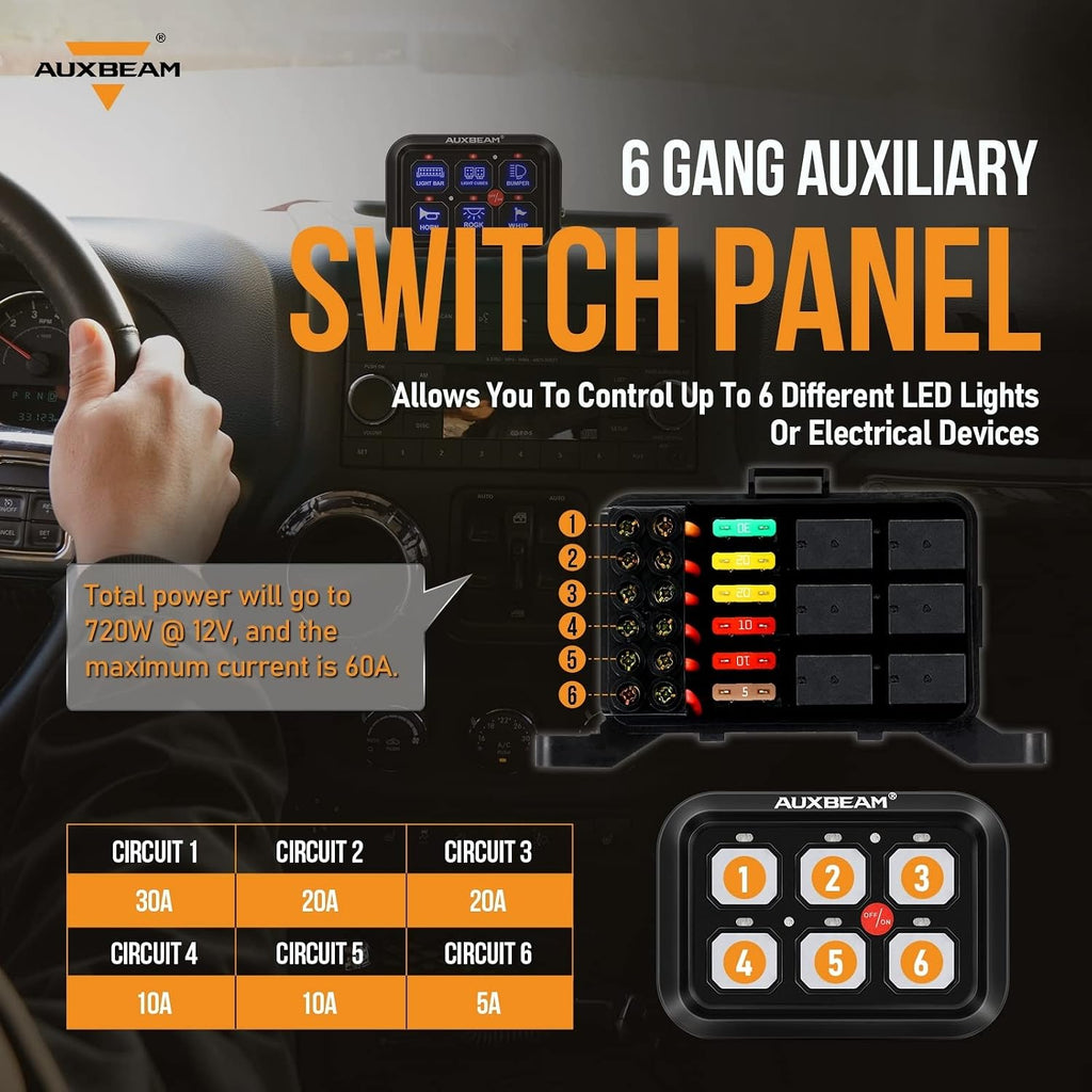 Auxbeam 6 Gang Switch Panel BC60 Universal Circuit Control Relay System Automatic Dimmable LED Switch Pod Touch Control Panel Switch Box for Car Truck Pickup Boat UTV SUV - Blue, 3 Years Warranty