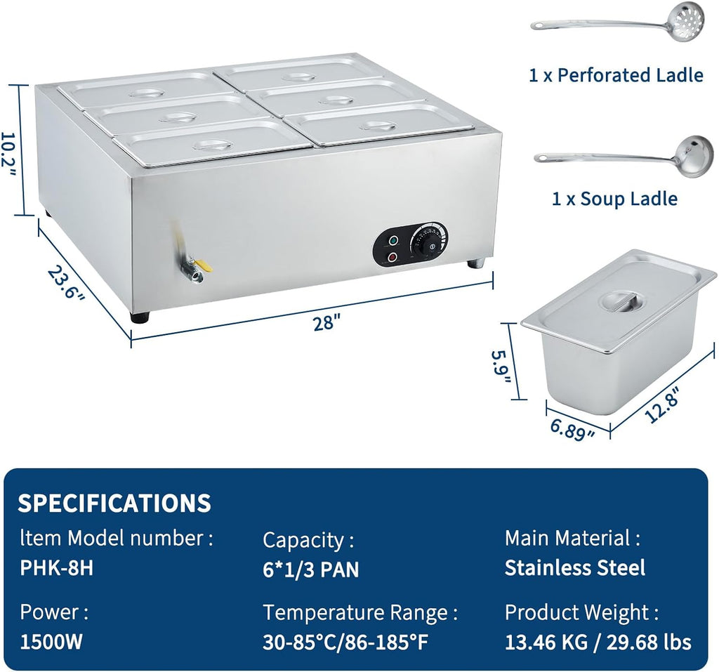 Commercial Food Warmer Stainless Steel with Lids, 1500W Electric Buffet Server Bain Marie, 6-Pan Catering Hot Food Station for Restaurants, Hotels, Banquets, and Commercial Kitchen Equipment