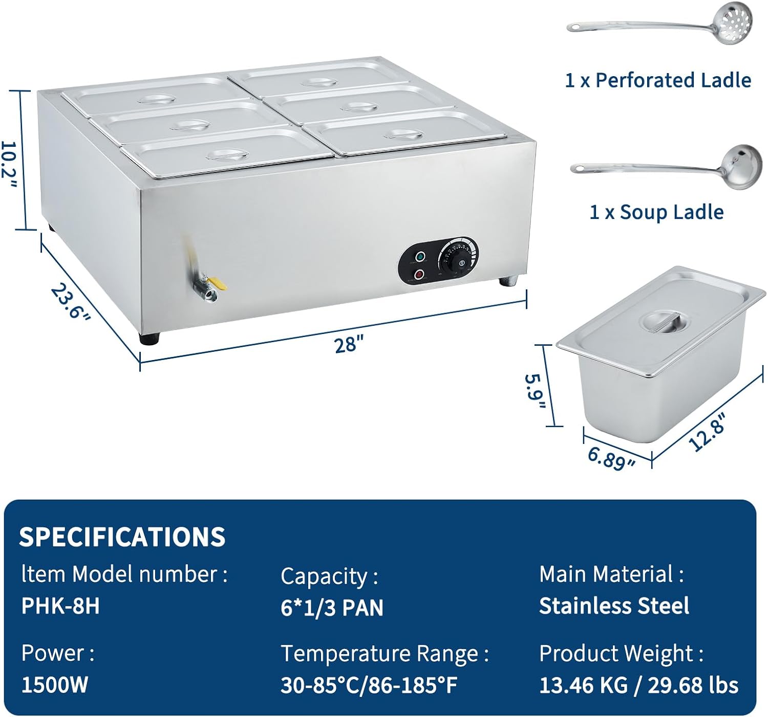 Commercial Food Warmer Stainless Steel with Lids, 1500W Electric Buffet Server Bain Marie, 6-Pan Catering Hot Food Station for Restaurants, Hotels, Banquets, and Commercial Kitchen Equipment