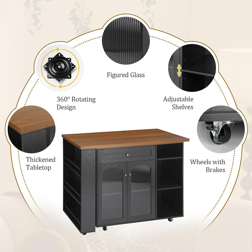 LYNCOHOME 71.1' Rolling Kitchen Island with 360° Rotating Tabletop, Mobile Lockable Wheels & Adjustable Shelves, Multifunctional Storage Cart for Kitchen & Dining（Black）