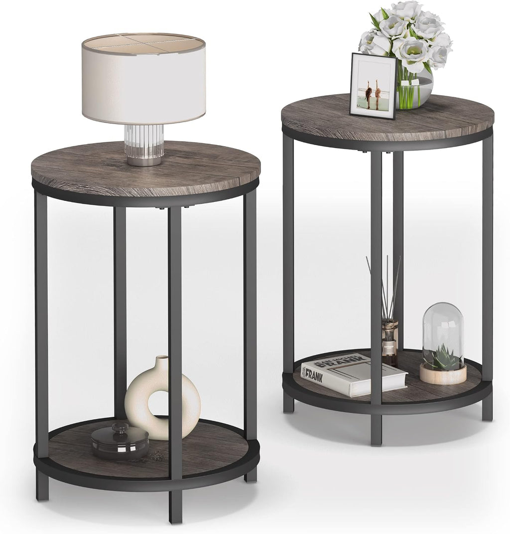 NSdirect Round Side Table Set of 2,16in Rustic Wooden End Table Surface Top & Sturdy Metal Legs Nightstand for Living Room Bedroom Farmhouse Sofa Table with Storage Open Shelf,Light Walnut