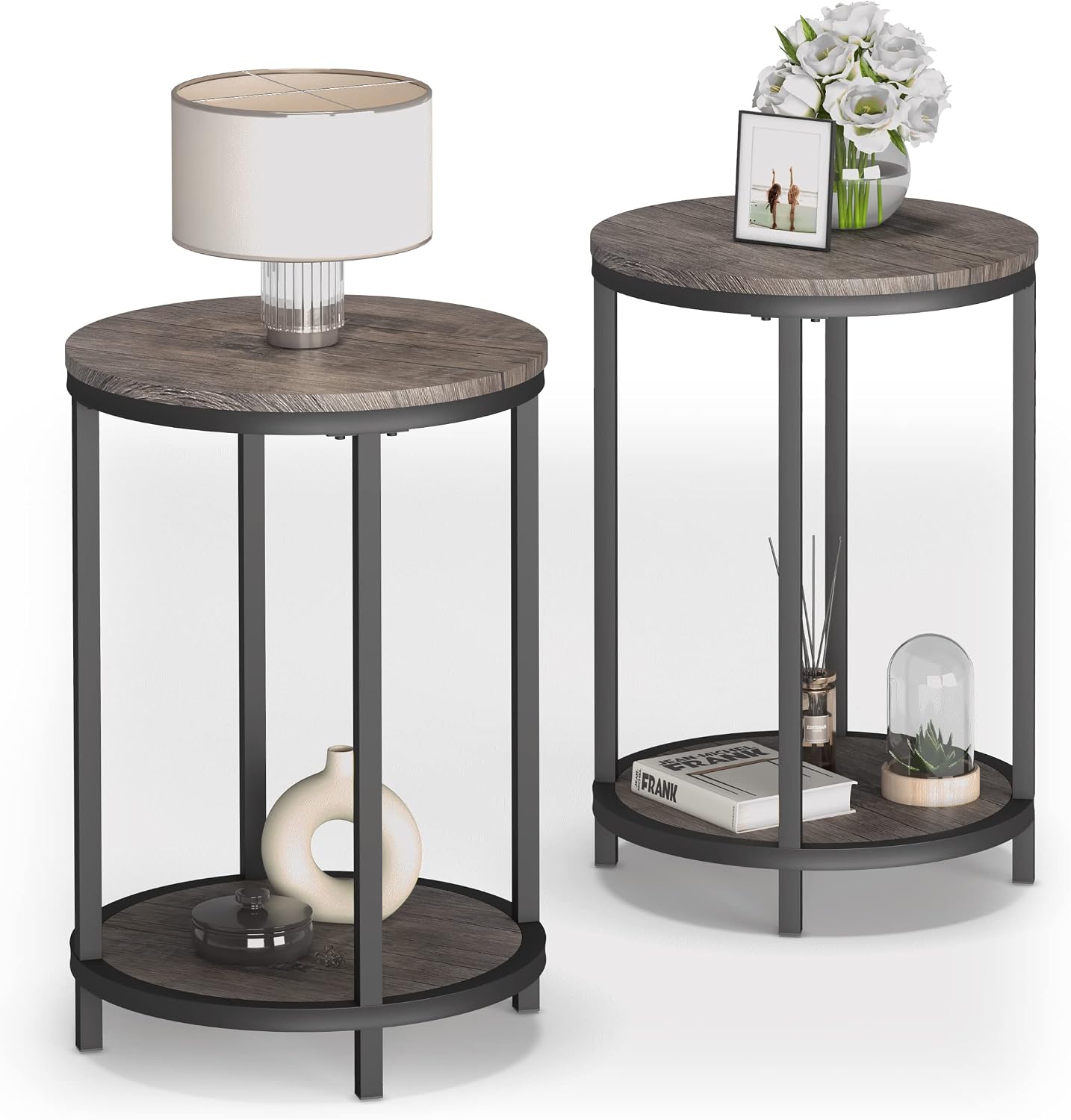 NSdirect Round Side Table Set of 2,16in Rustic Wooden End Table Surface Top & Sturdy Metal Legs Nightstand for Living Room Bedroom Farmhouse Sofa Table with Storage Open Shelf,Light Walnut