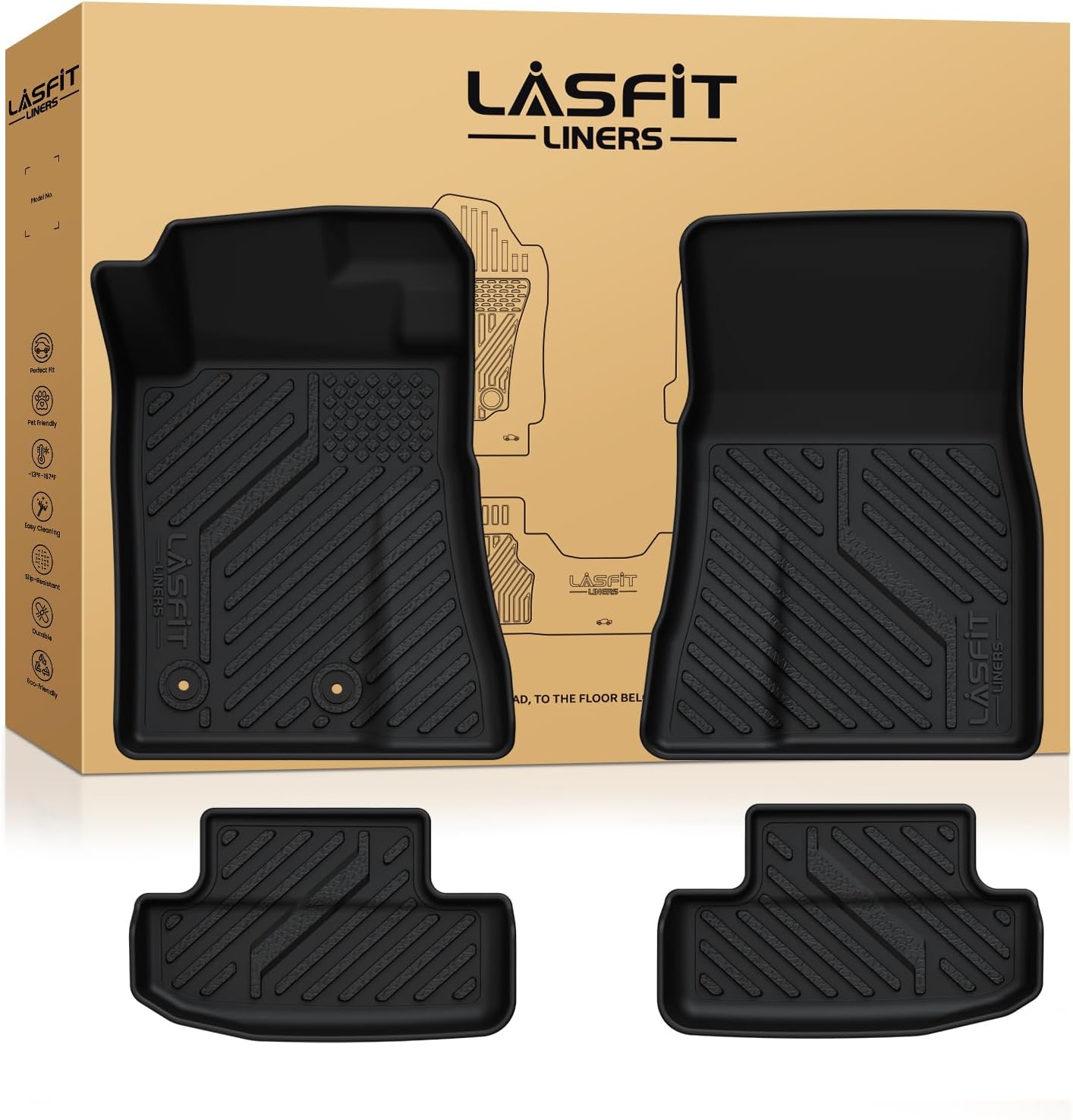 LASFIT Floor Mats for Ford Mustang 2015-2025 2026 All Weather Protector TPE Car Floor Liners, 1st & 2nd Row, 4pcs Black