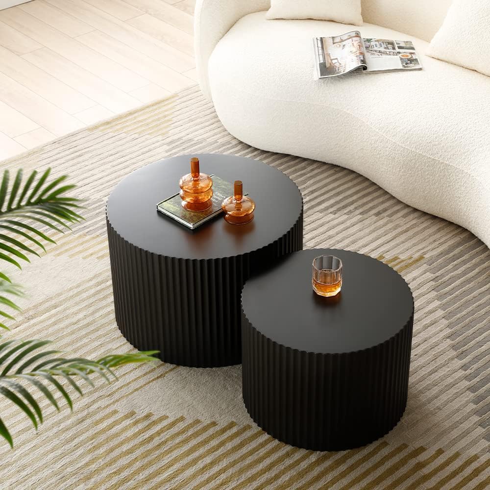 WILLIAMSPACE Black Round Nesting Coffee Table Set of 2, Modern Wooden Center Tables Accent End Tea Table for Living Room Apartment, No Need Assembly (Black-Round)